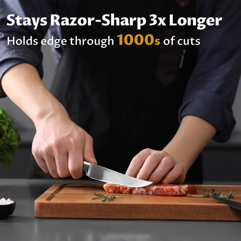 OAKSWARE walnut block stand keeps blades organized and protected on the counter.