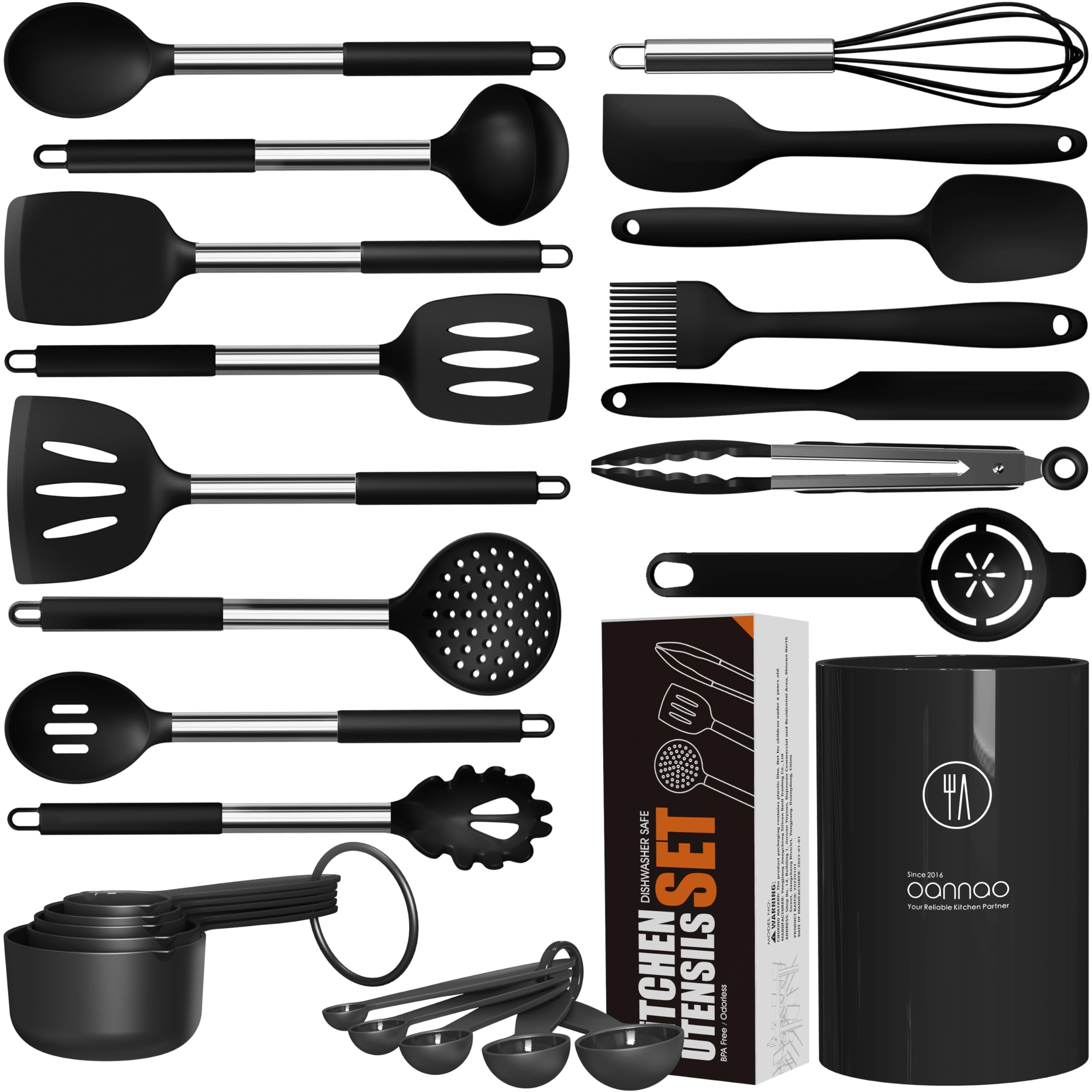 oannao silicone utensils set complete collection displayed in sleek holder for easy kitchen prep