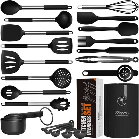 oannao silicone utensils set complete collection displayed in sleek holder for easy kitchen prep