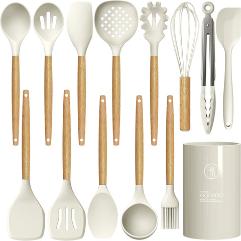 oannao silicone utensils set with khaki heads and wooden handles for non-stick cookware
