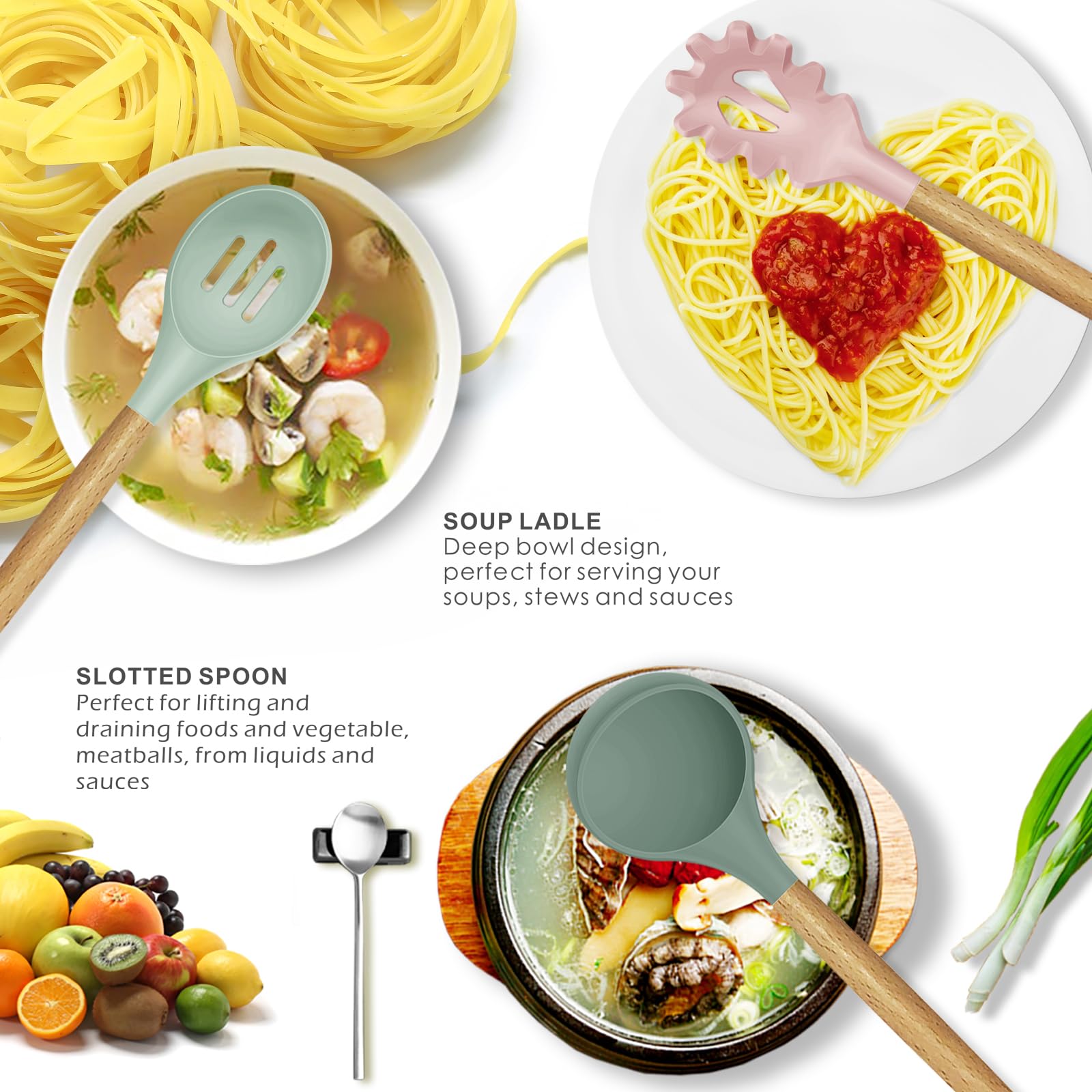 Oannao silicone utensils set ladle ideal for serving soups without scratching cookware
