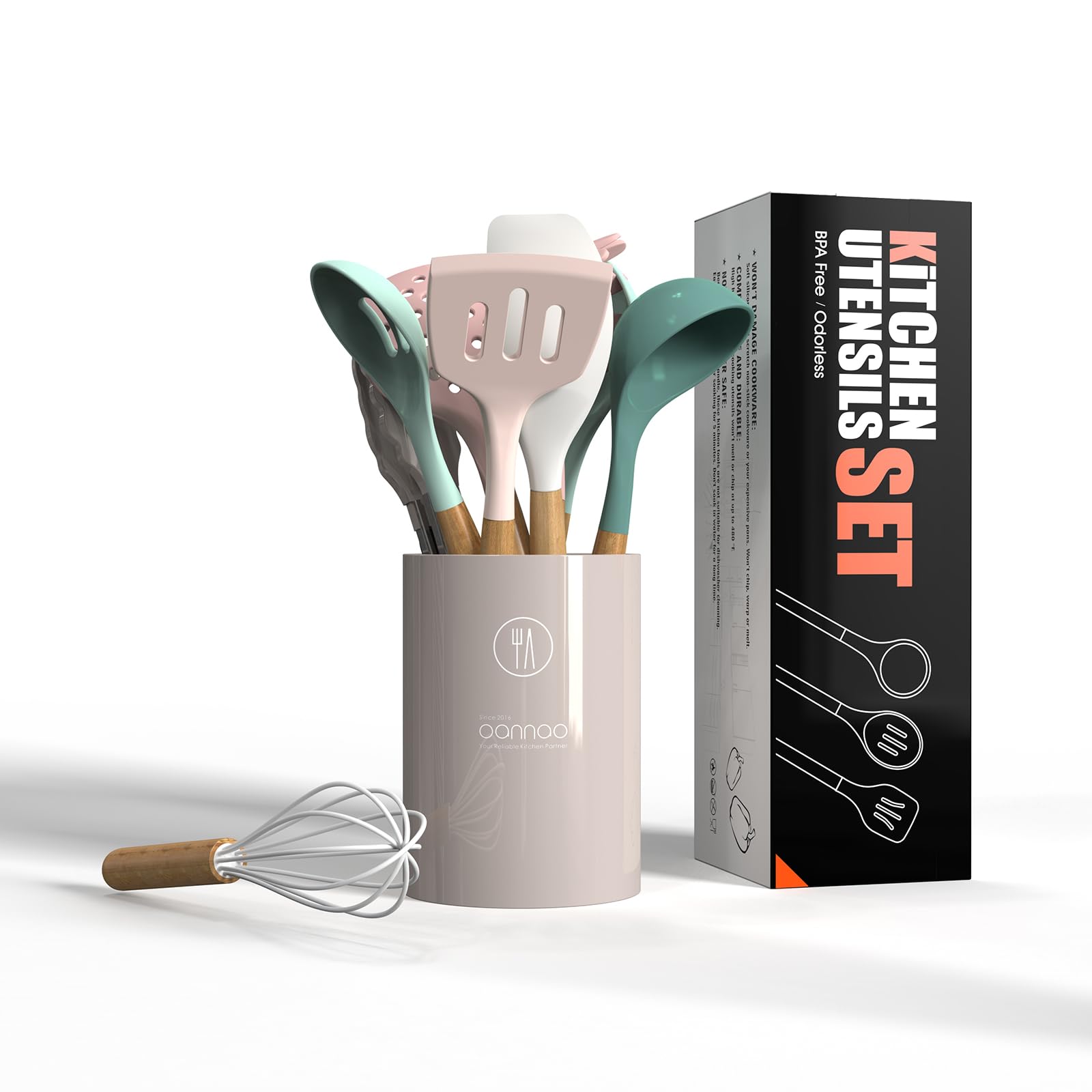 Oannao silicone utensils set wooden handles offering comfortable grip and stylish kitchen look