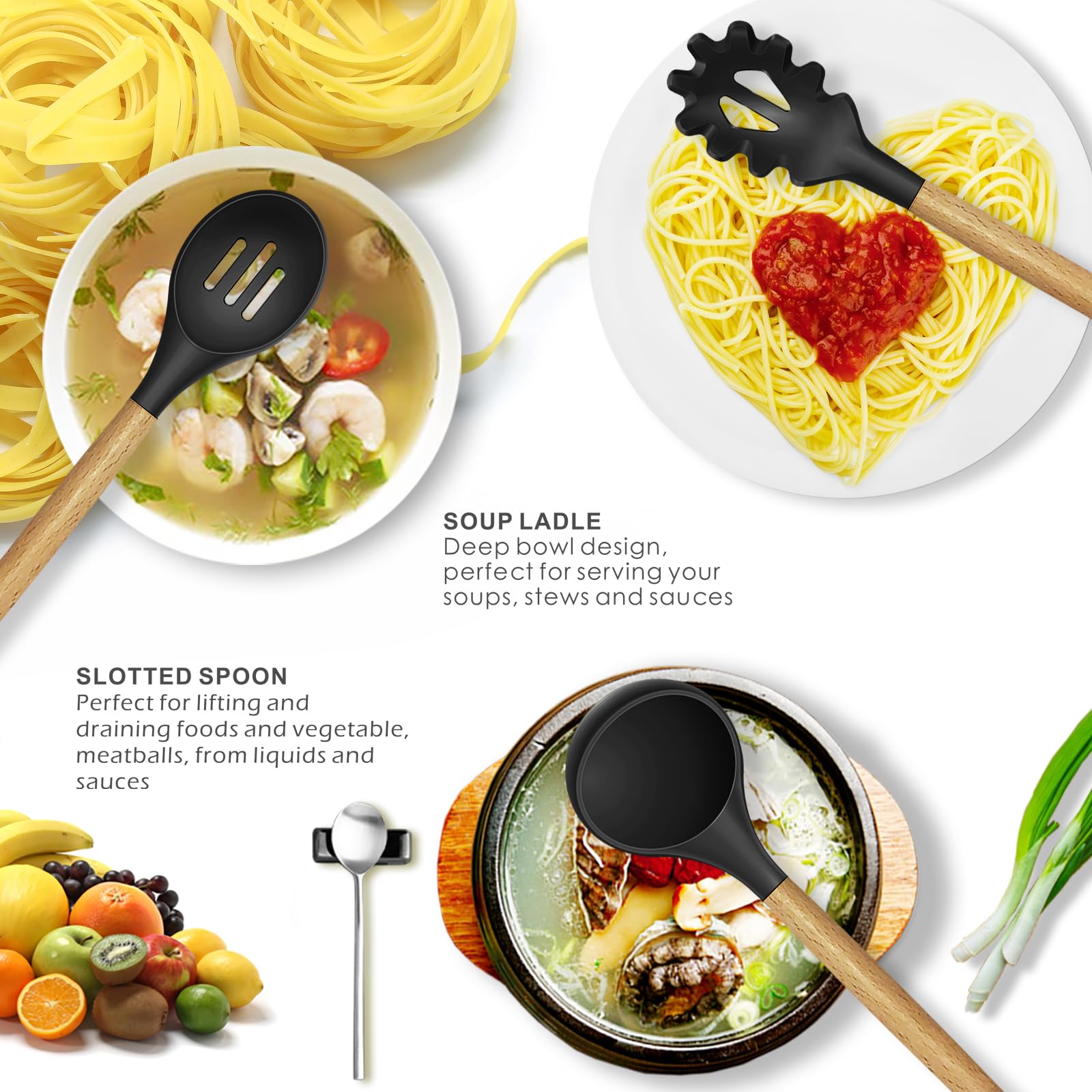 oannao silicone utensils set with wooden handles for comfortable grip and style