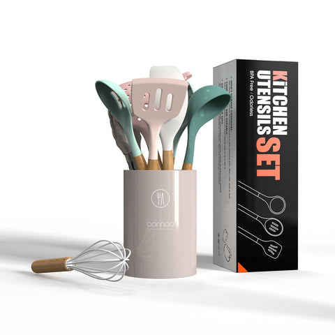 Oannao silicone utensils set wooden handles offering comfortable grip and stylish kitchen look