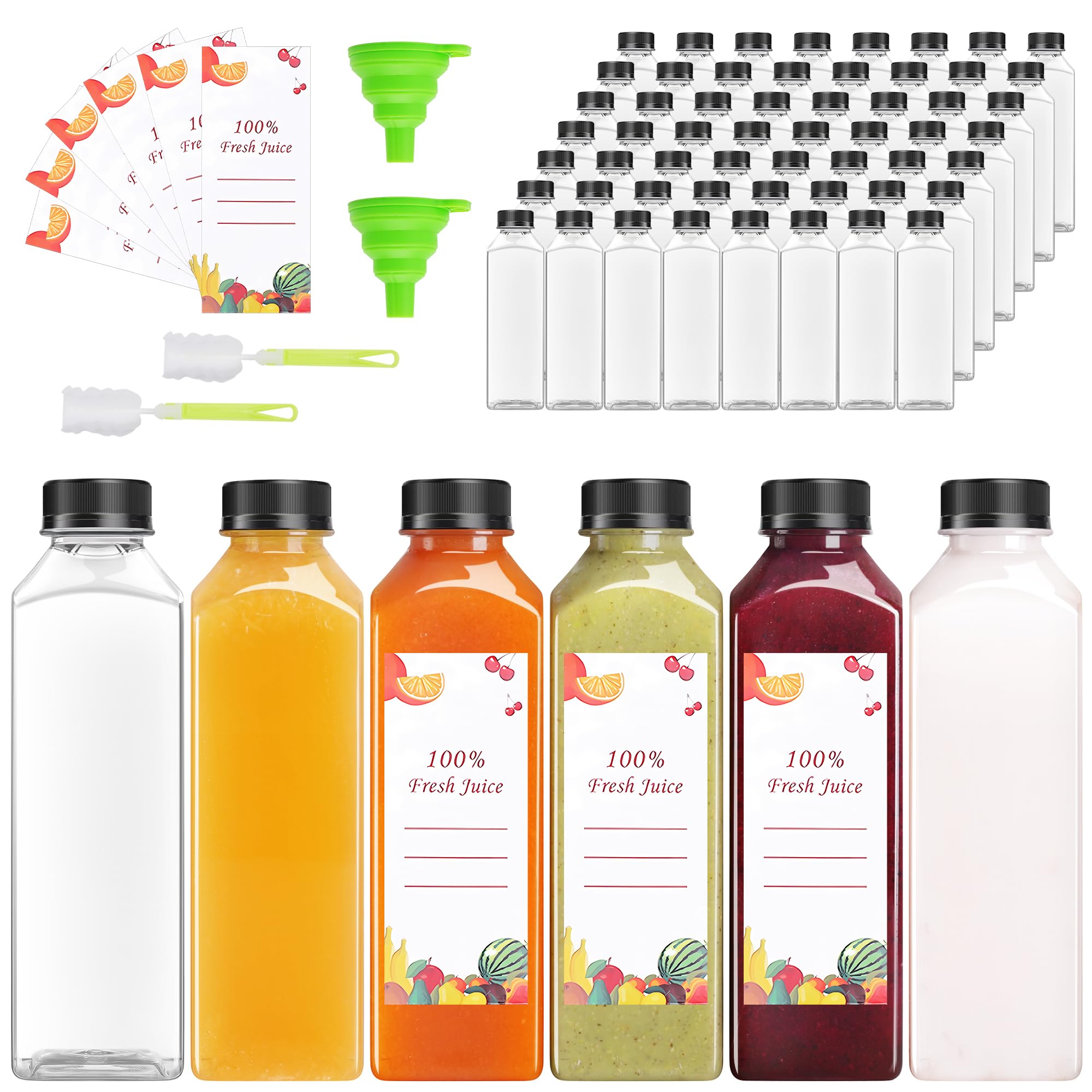 OBKJJ 40-pack clear 16oz juice bottles showing reusable convenience for parties
