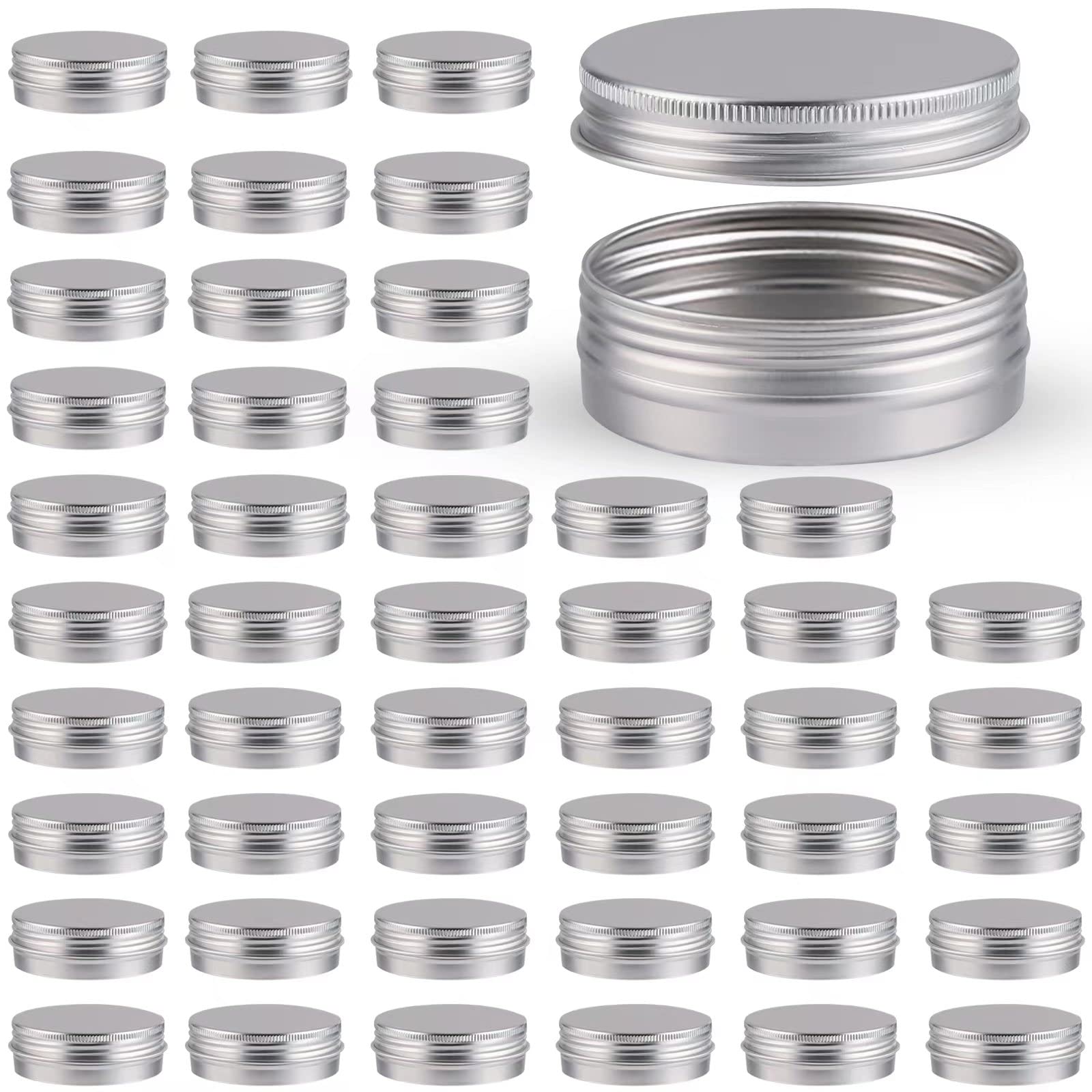 OBKJJ 48-pack aluminum round cans with lids, 2 oz capacity, ideal for storage and DIY.