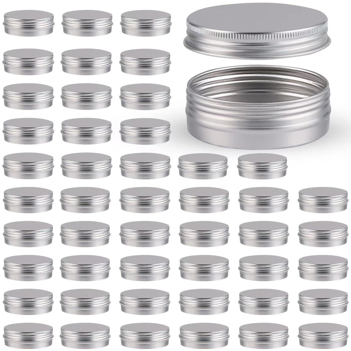 OBKJJ 48-pack aluminum round cans with lids, 2 oz capacity, ideal for storage and DIY.