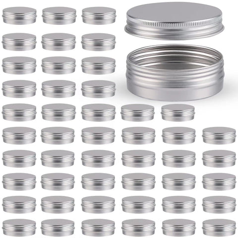 OBKJJ 48-pack aluminum round cans with lids, 2 oz capacity, ideal for storage and DIY.