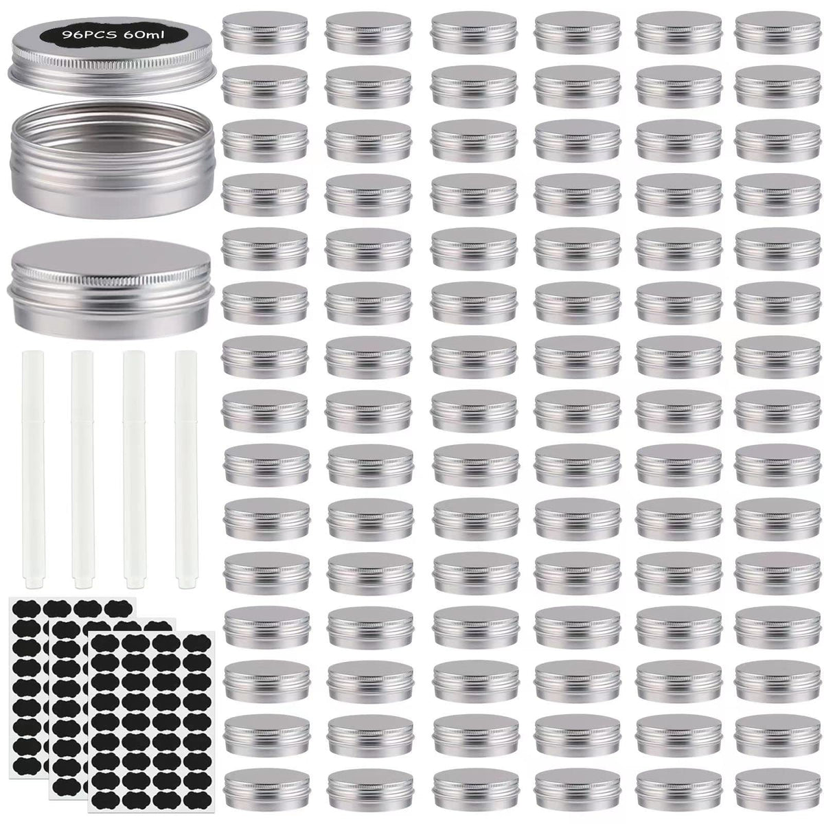 OBKJJ 96-pack round tins with screw lids for DIY candles and balms.