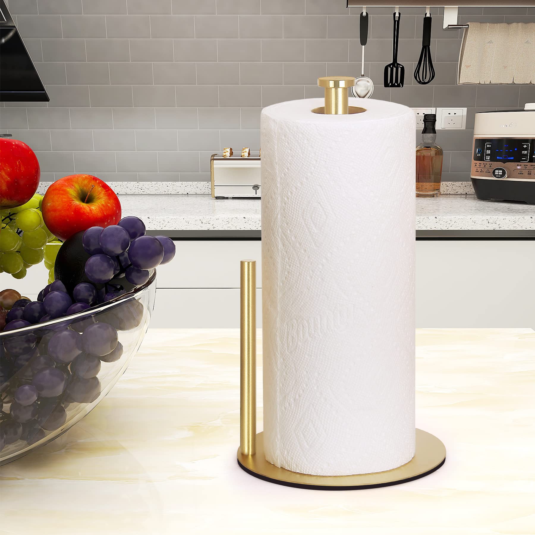 OBODING gold countertop paper towel holder, side view showing sturdy frame and finish.
