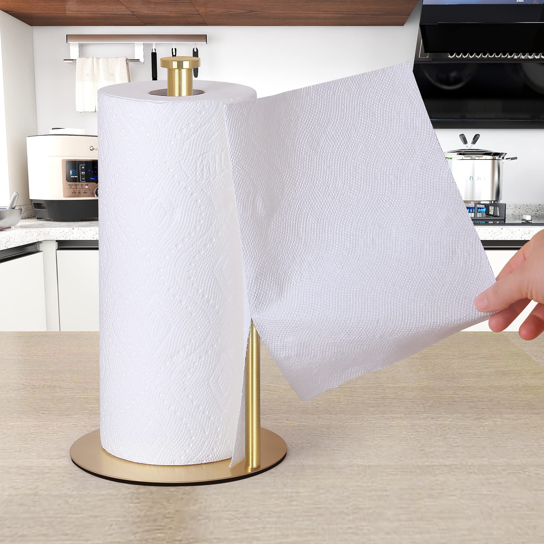 OBODING gold countertop paper towel holder, top view highlighting compact footprint.