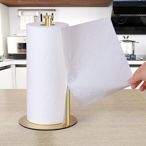 OBODING gold countertop paper towel holder, top view highlighting compact footprint.