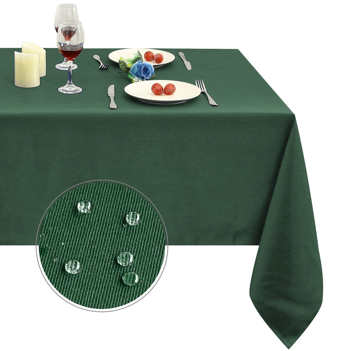 Obstal 210GSM rectangle green table cloth closeup shows waterproof fabric for spills