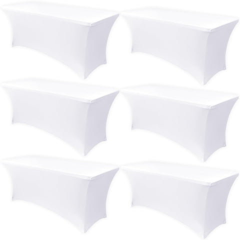 Obstal 6-pack stretch table cover in white on a 6 ft table for a clean look.
