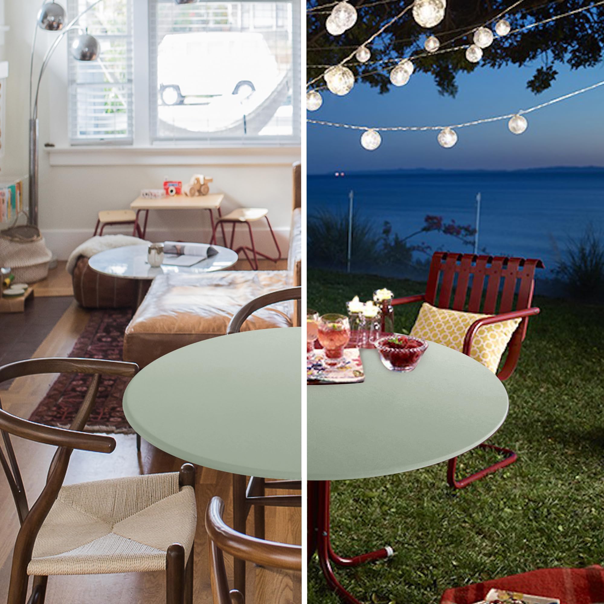 Obstal round tablecloth with waterproof coating on one side for spill protection.
