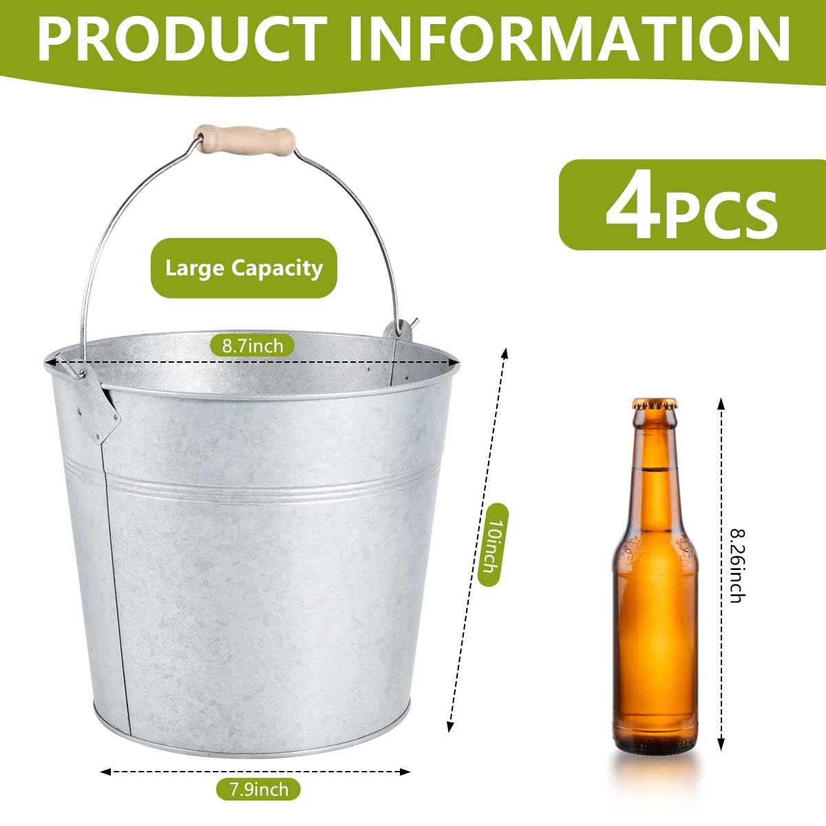 OBTANIM galvanized buckets with handles side view for easy transport at parties