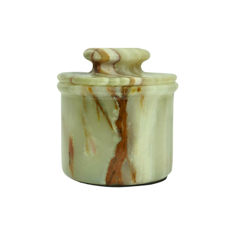 OceanicX Green Onyx Butter Keeper round on countertop for elegant, ready-to-spread butter.