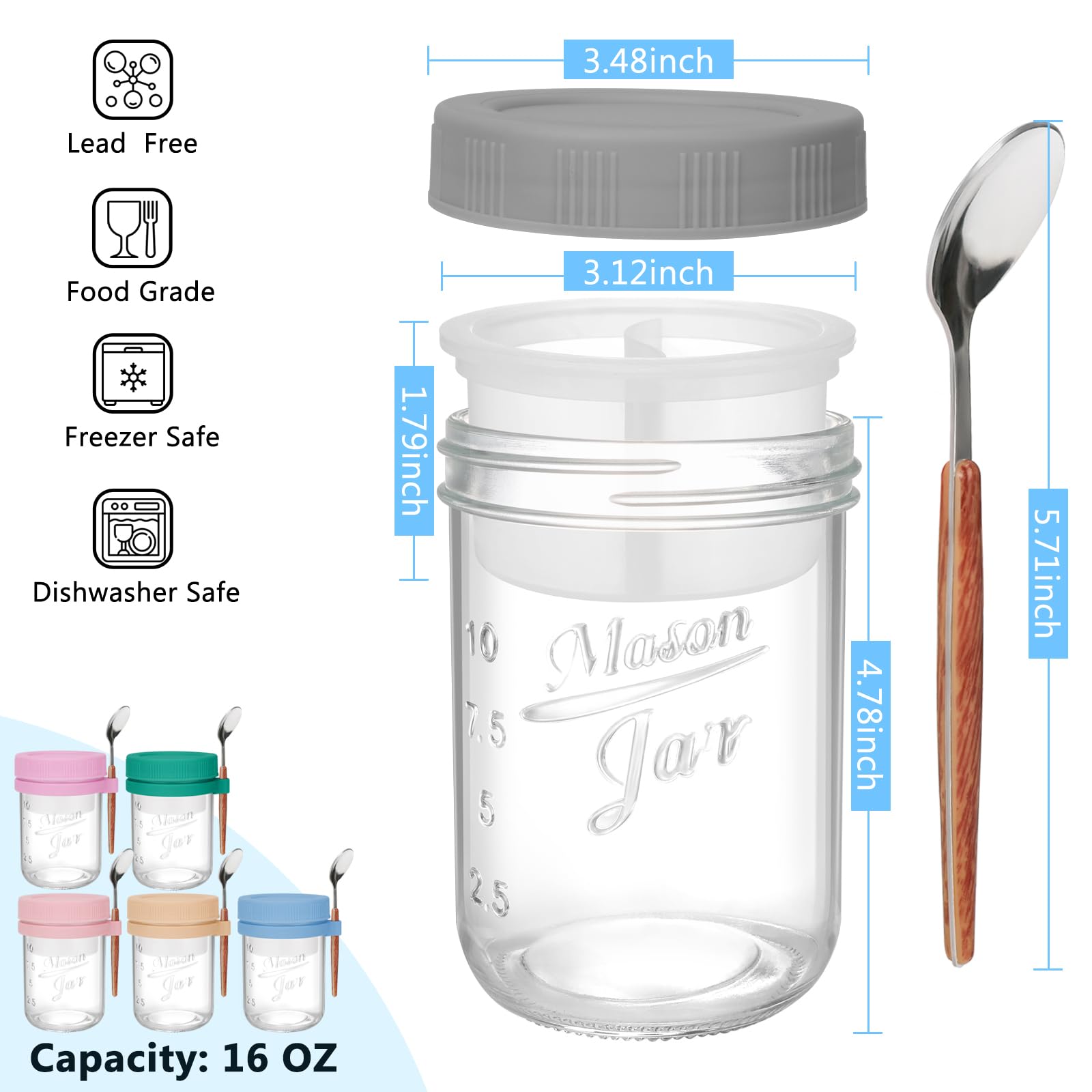 OcePor 16oz glass mason jar for meal prep oats on the go