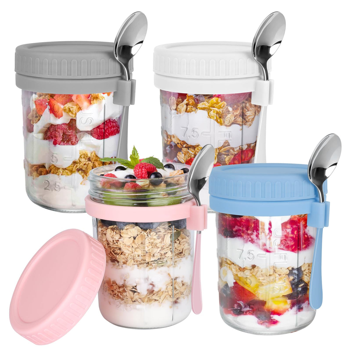 OcePor 4-pack overnight oats containers with lids and spoons, 16oz, ideal for meal prep.