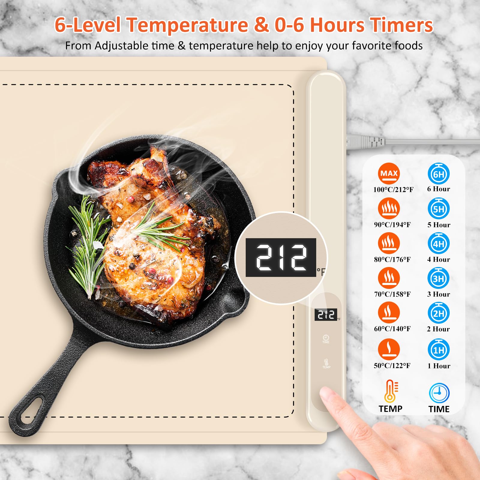 OcePor mat displaying six temperature levels and a six-hour timer