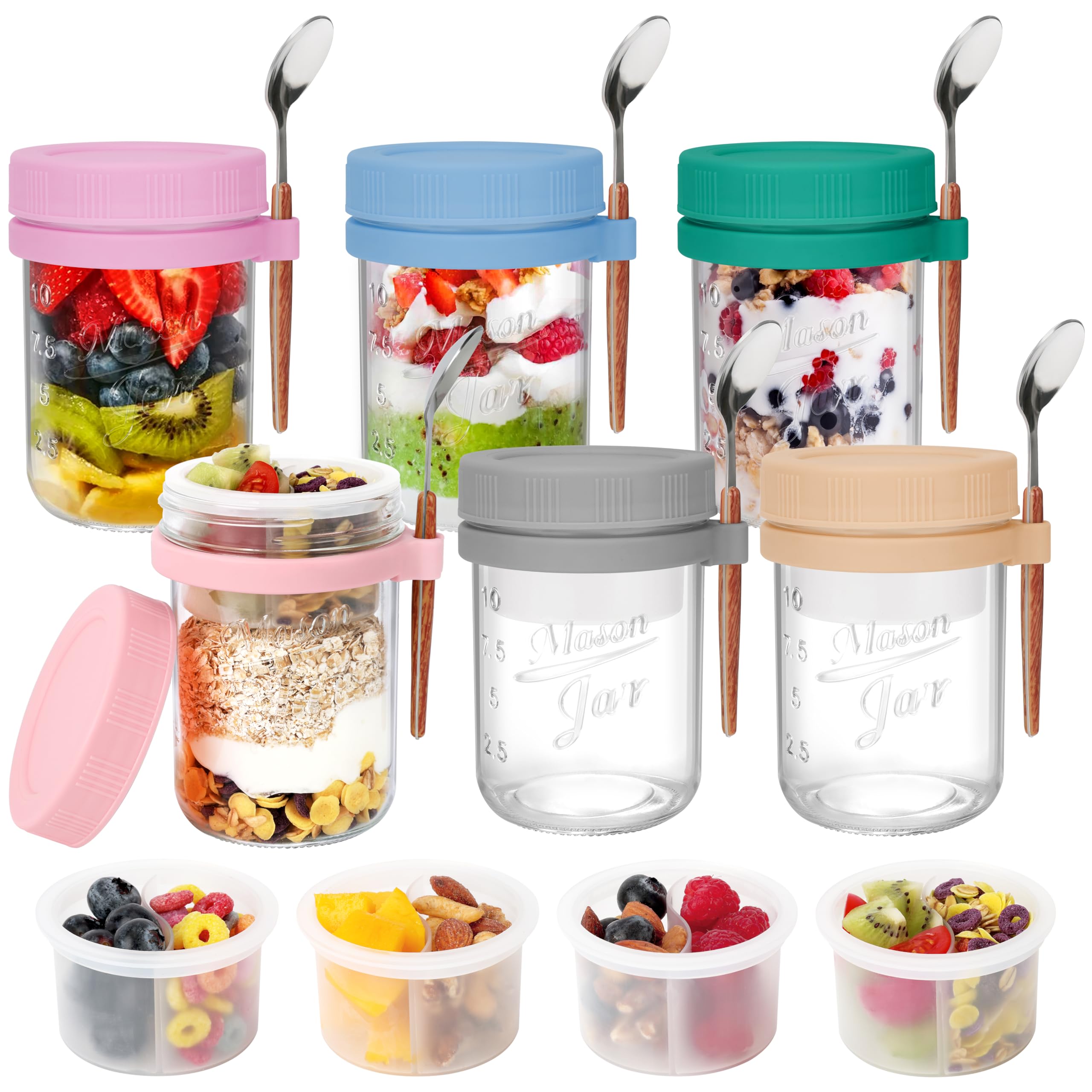 OcePor 6 pack overnight oats containers with lids and spoons in bright colors for organized breakfasts