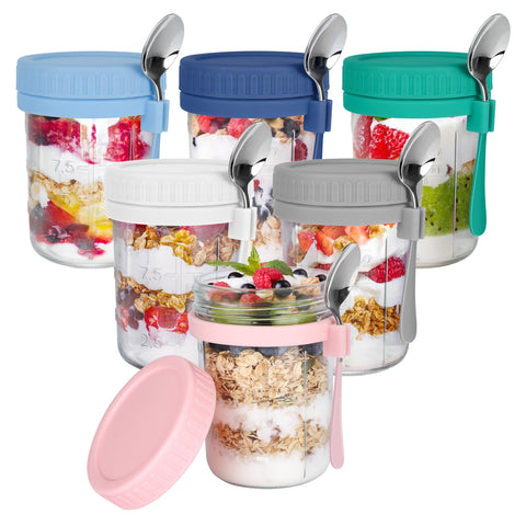 OcePor 6-pack overnight oats jars with lids and spoons, ideal for portion control.