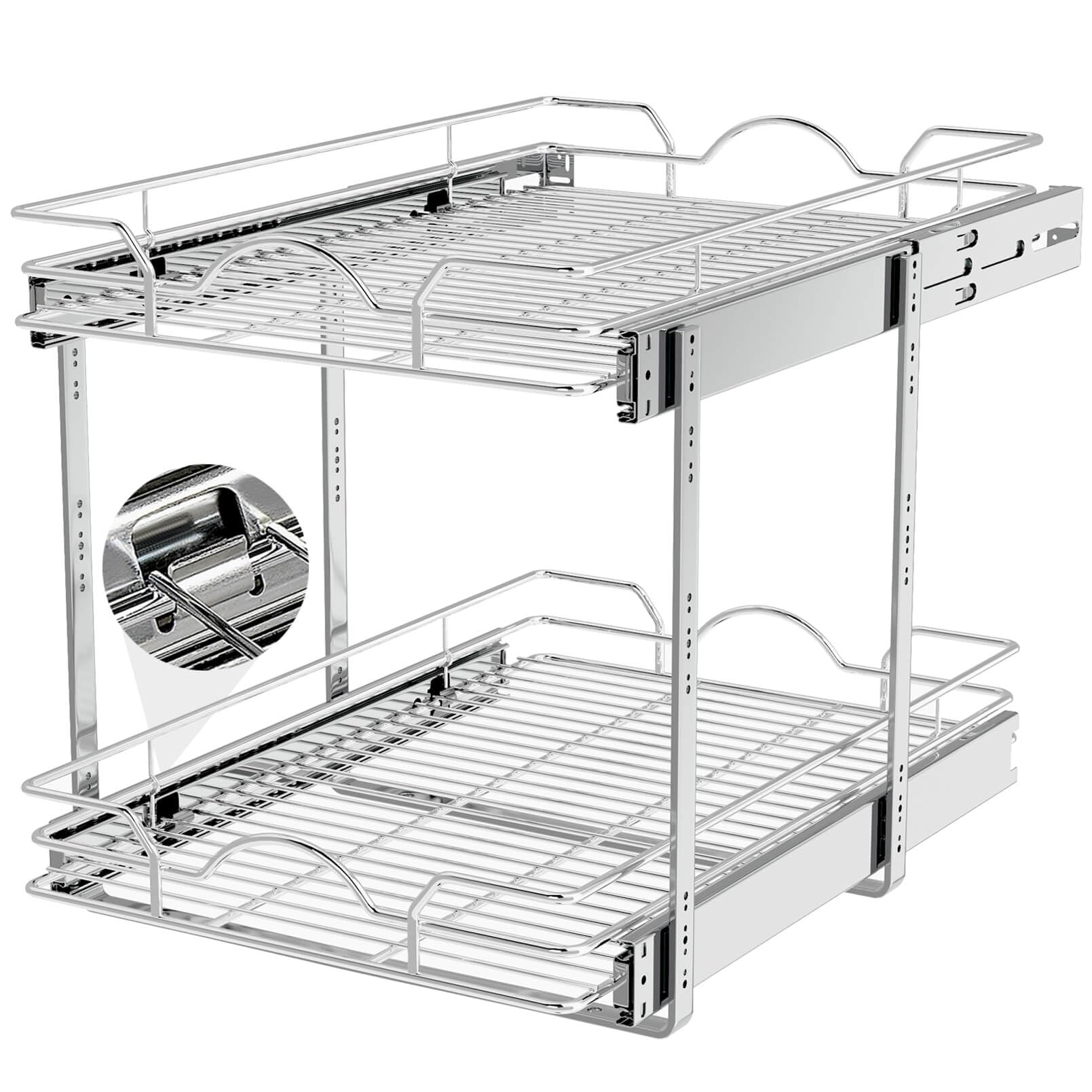 OCG 2-tier pull-out cabinet organizer demonstrates accessible cookware storage.