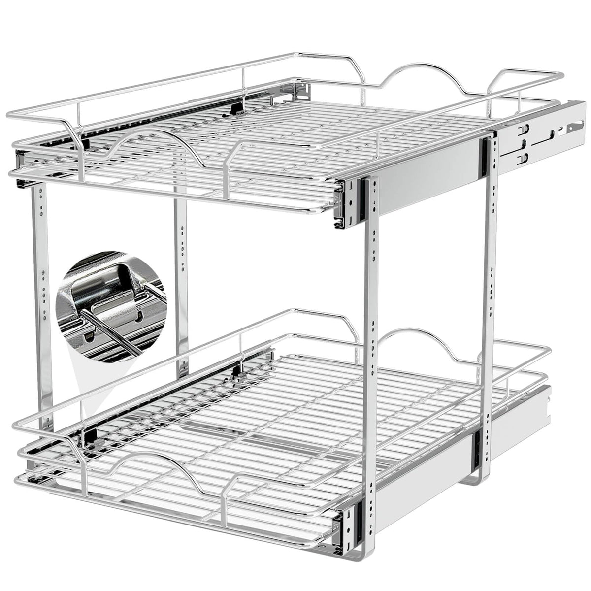 OCG 2-tier pull-out cabinet organizer demonstrates accessible cookware storage.