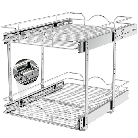 OCG 2-tier pull-out cabinet organizer demonstrates accessible cookware storage.