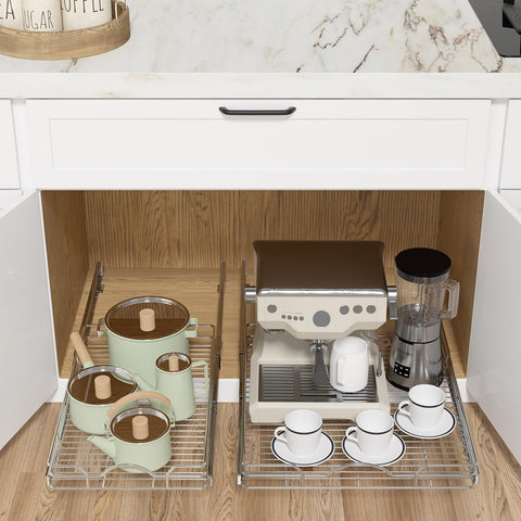 OCG pull-out shelf extended under cabinet enables easy reach of pots and appliances