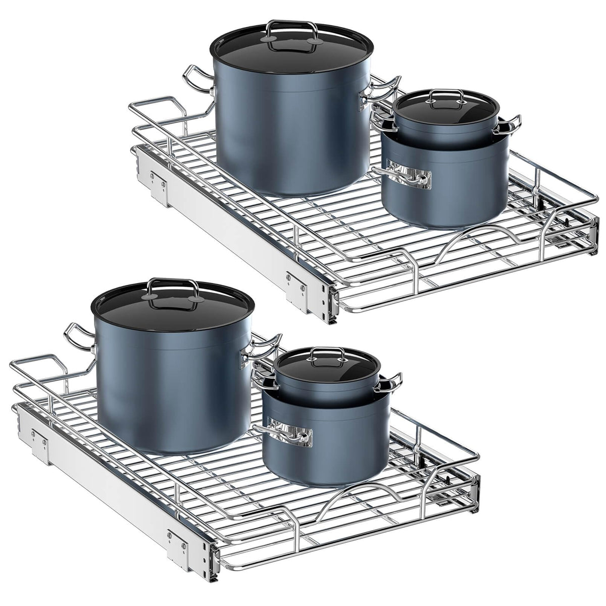OCG pull-out cabinet organizer front view in chrome showing tidy cookware storage