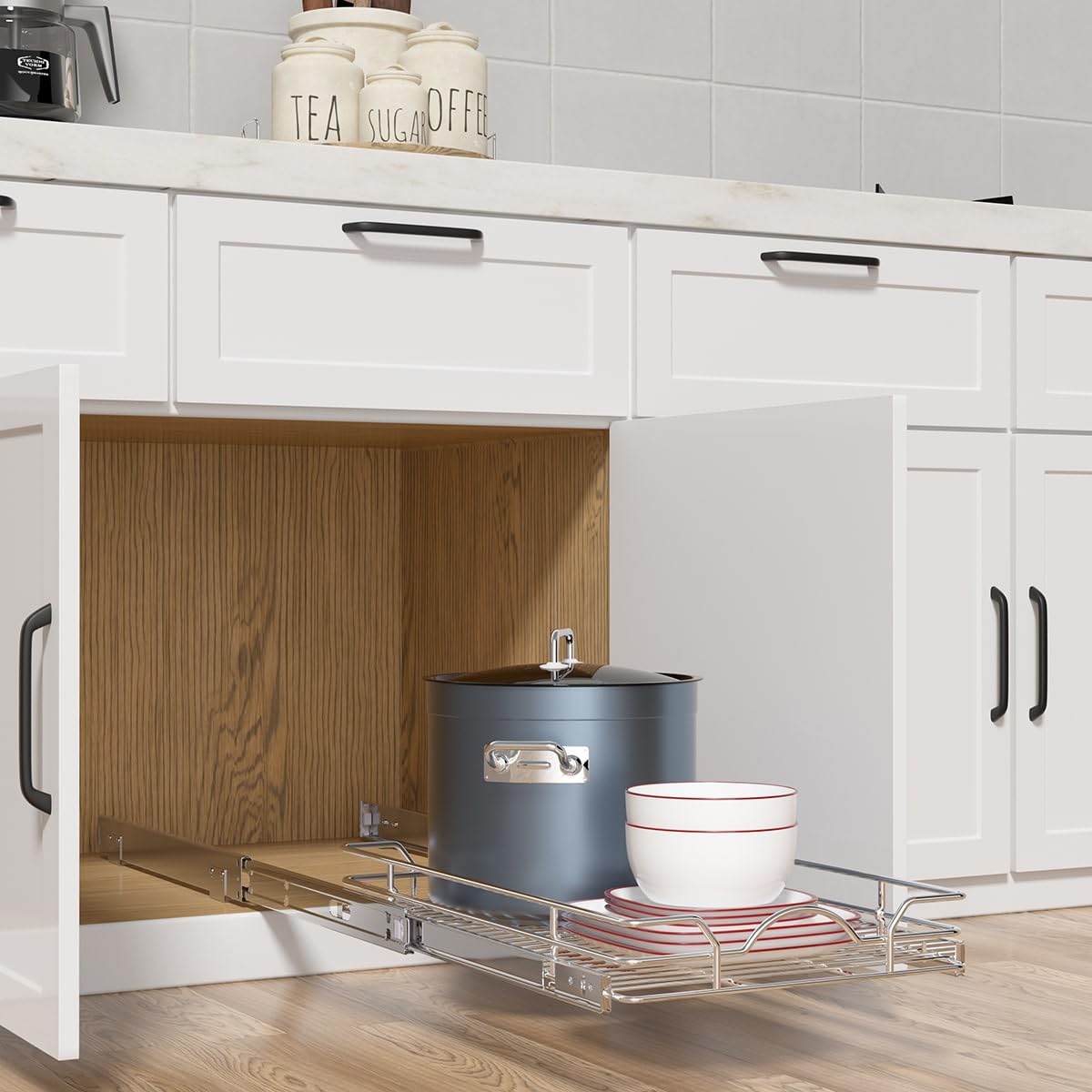 OCG pull-out cabinet organizer open drawer demonstrates full-extension glide