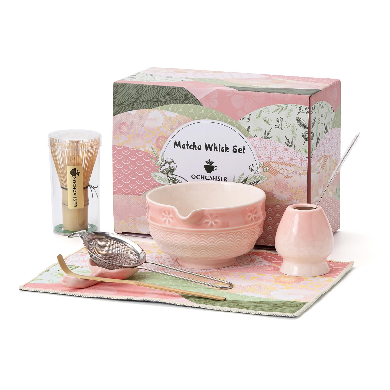 Ochcahser matcha bowl with sakura rim and wave base for elegant tea ceremonies