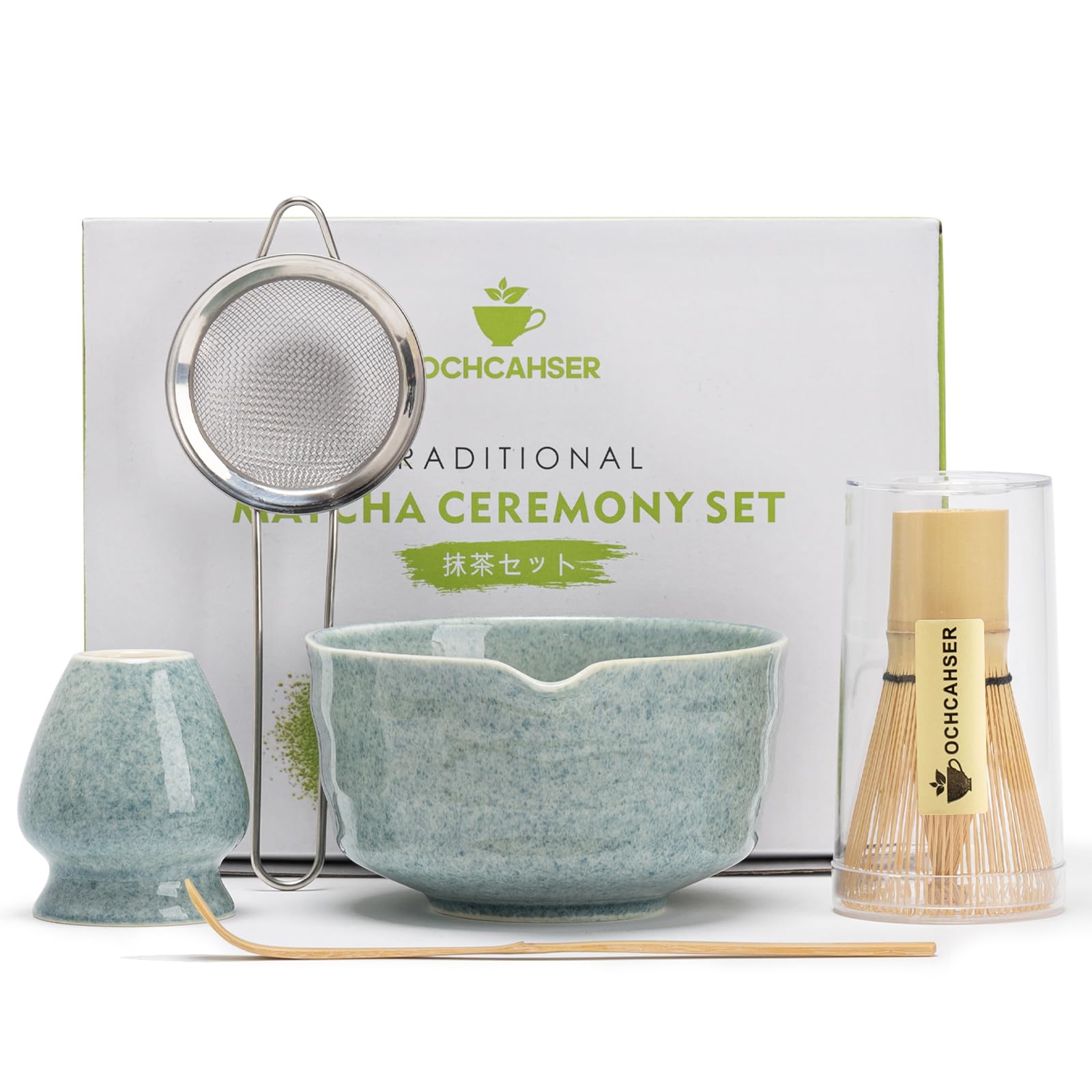 Ochcahser Matcha Kit blue glaze bowl with holder, a calming centerpiece for tea rituals.
