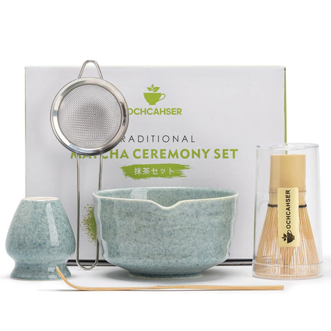 Ochcahser Matcha Kit blue glaze bowl with holder, a calming centerpiece for tea rituals.