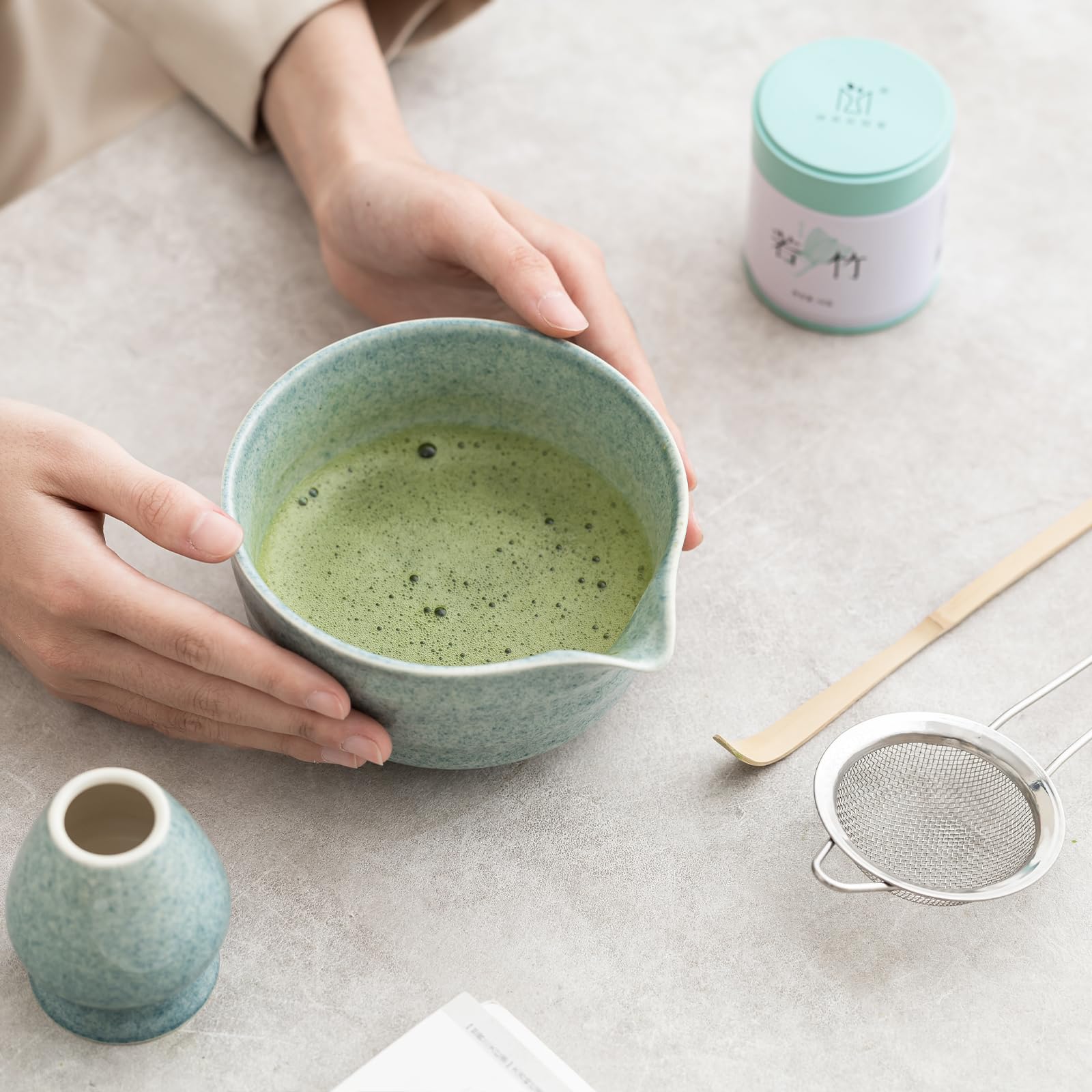 Ochcahser Matcha Kit ritual-ready setup on counter invites calm tea moments.