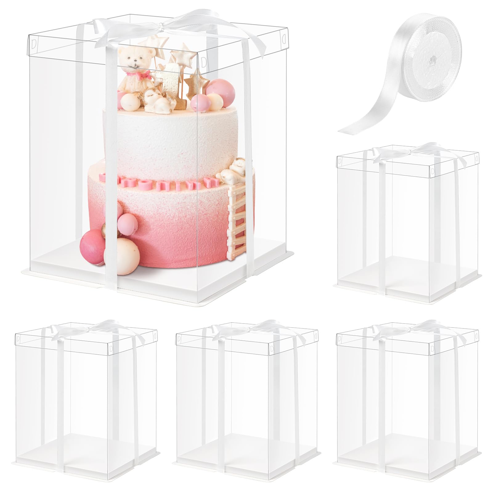 Ocmoiy clear cake box 10x10x12 inch pack 5, ideal for wedding desserts.