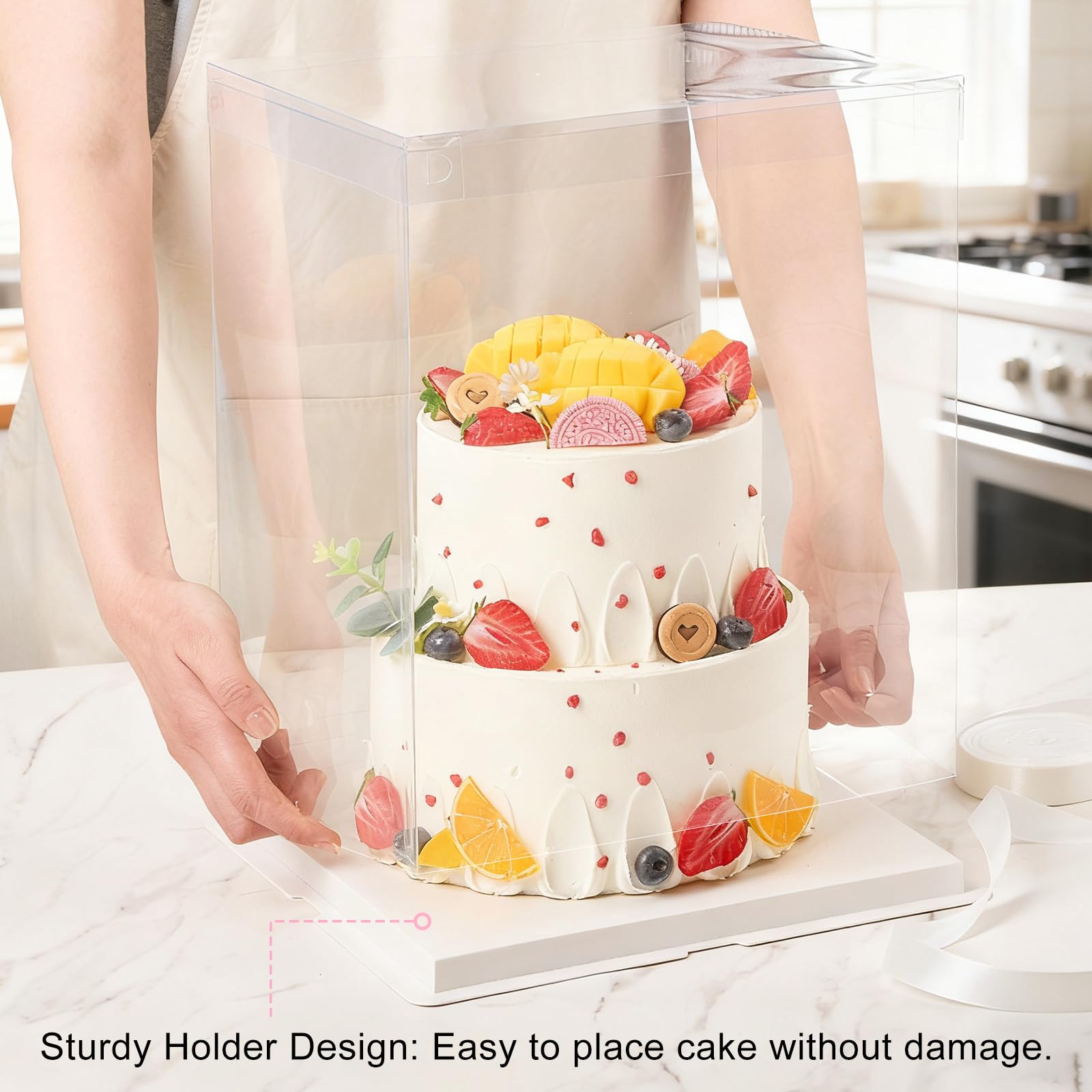 Ocmoiy white Kraft base cake box, sturdy support for tall shapes.