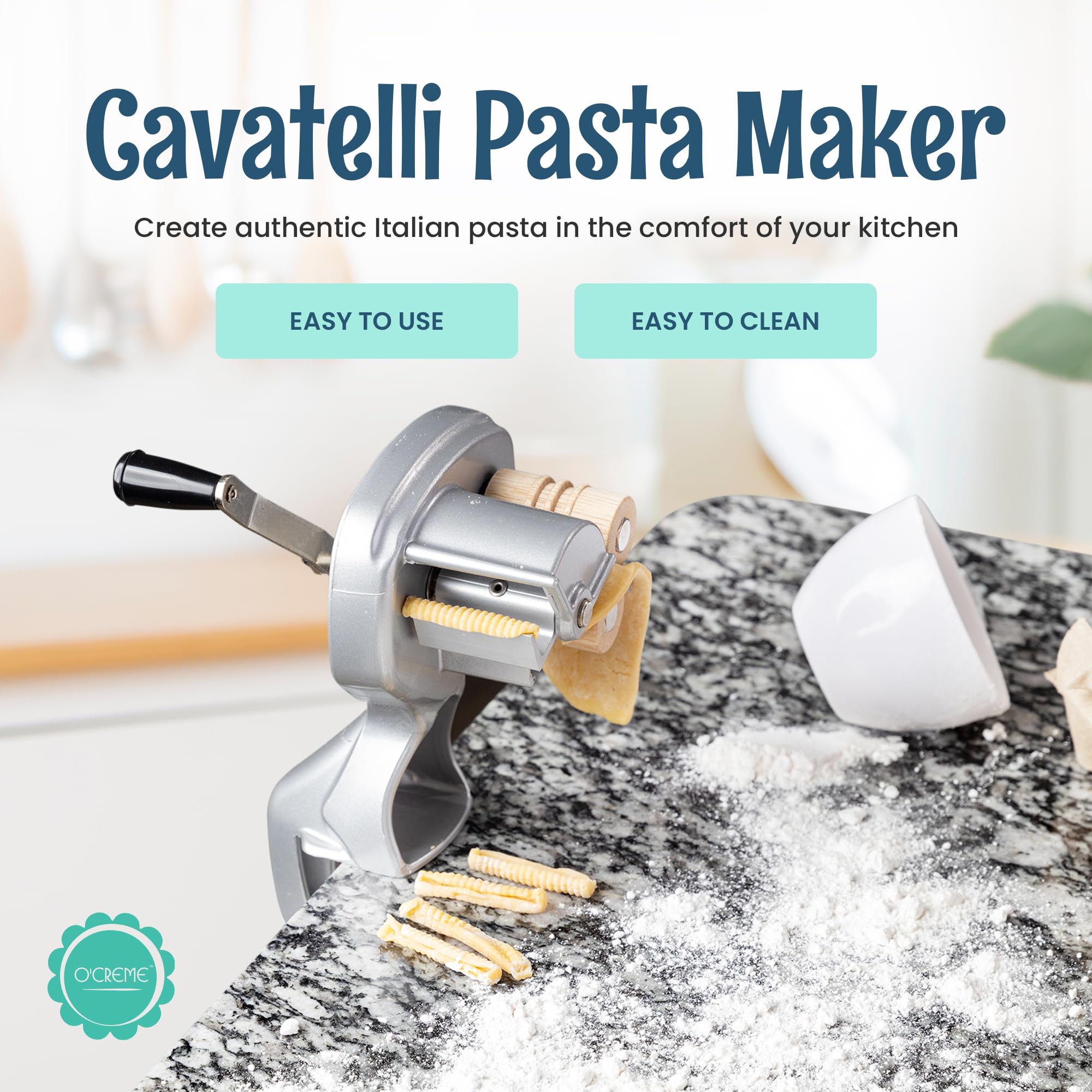 O'Creme Cavatelli Pasta Maker wooden rollers for traditional craftsmanship and steady rolling.