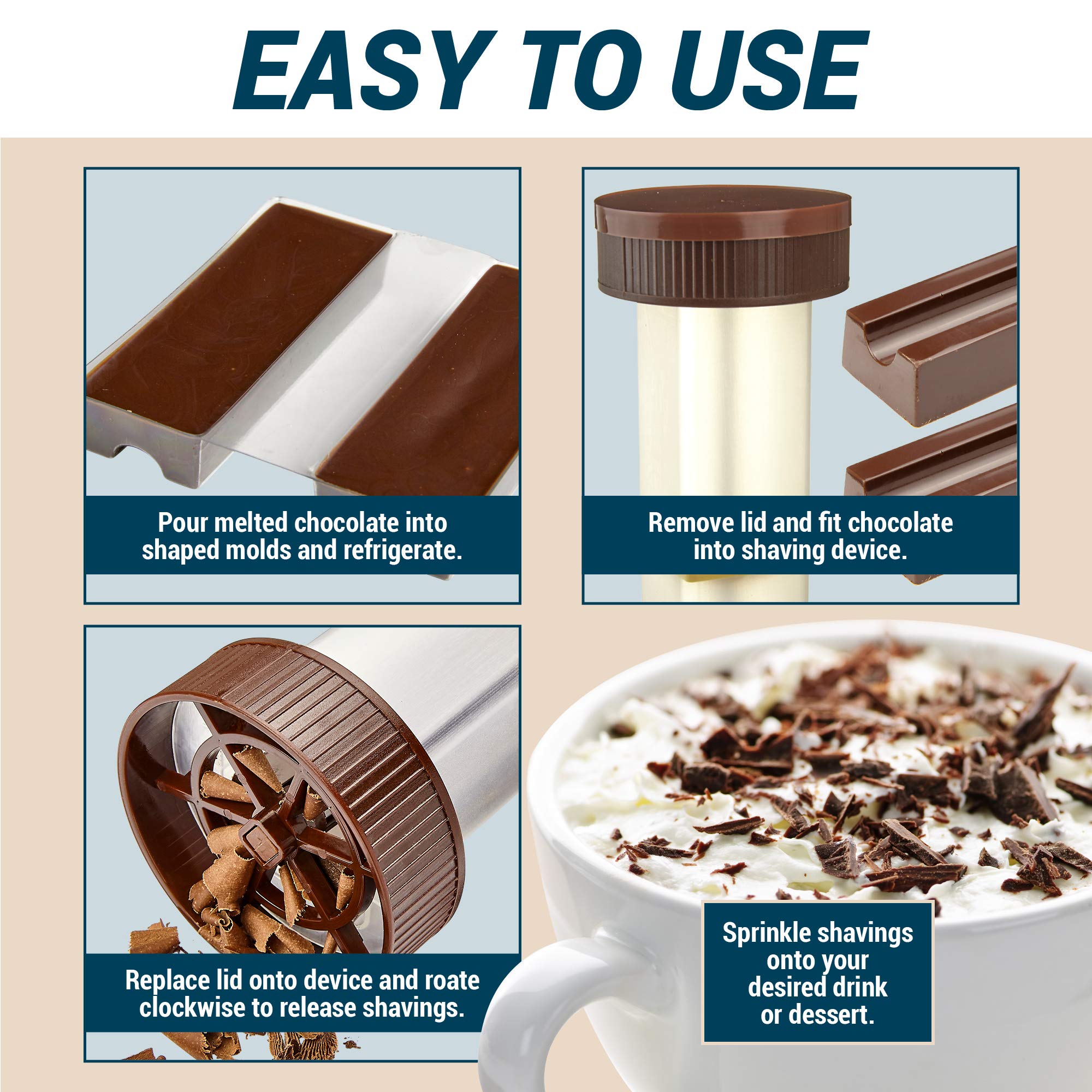 O'Creme shaver in action adding chocolate curls to drinks.