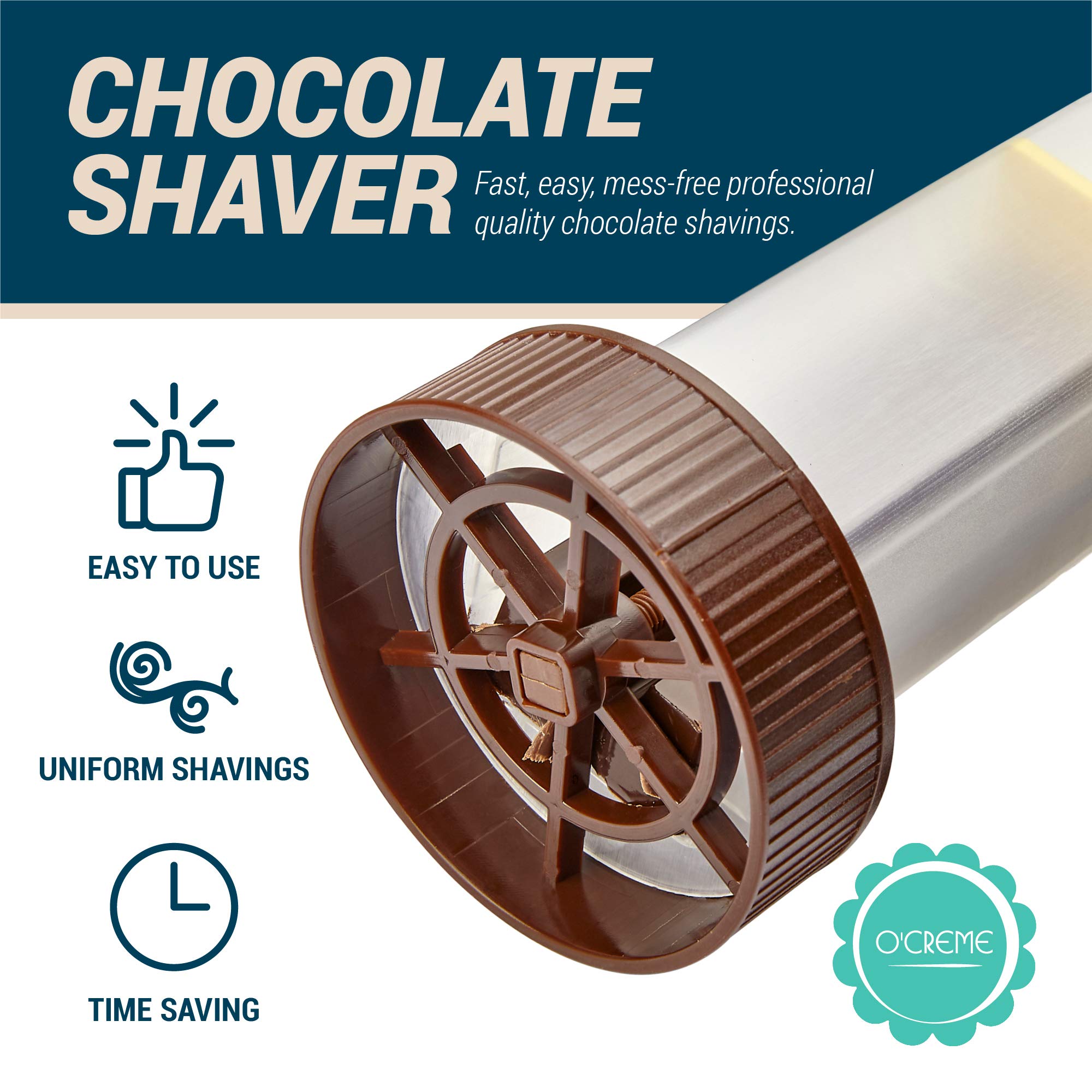 O'Creme shaver creating fine chocolate shavings for desserts.