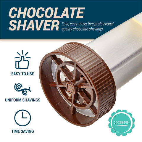 O'Creme shaver creating fine chocolate shavings for desserts.
