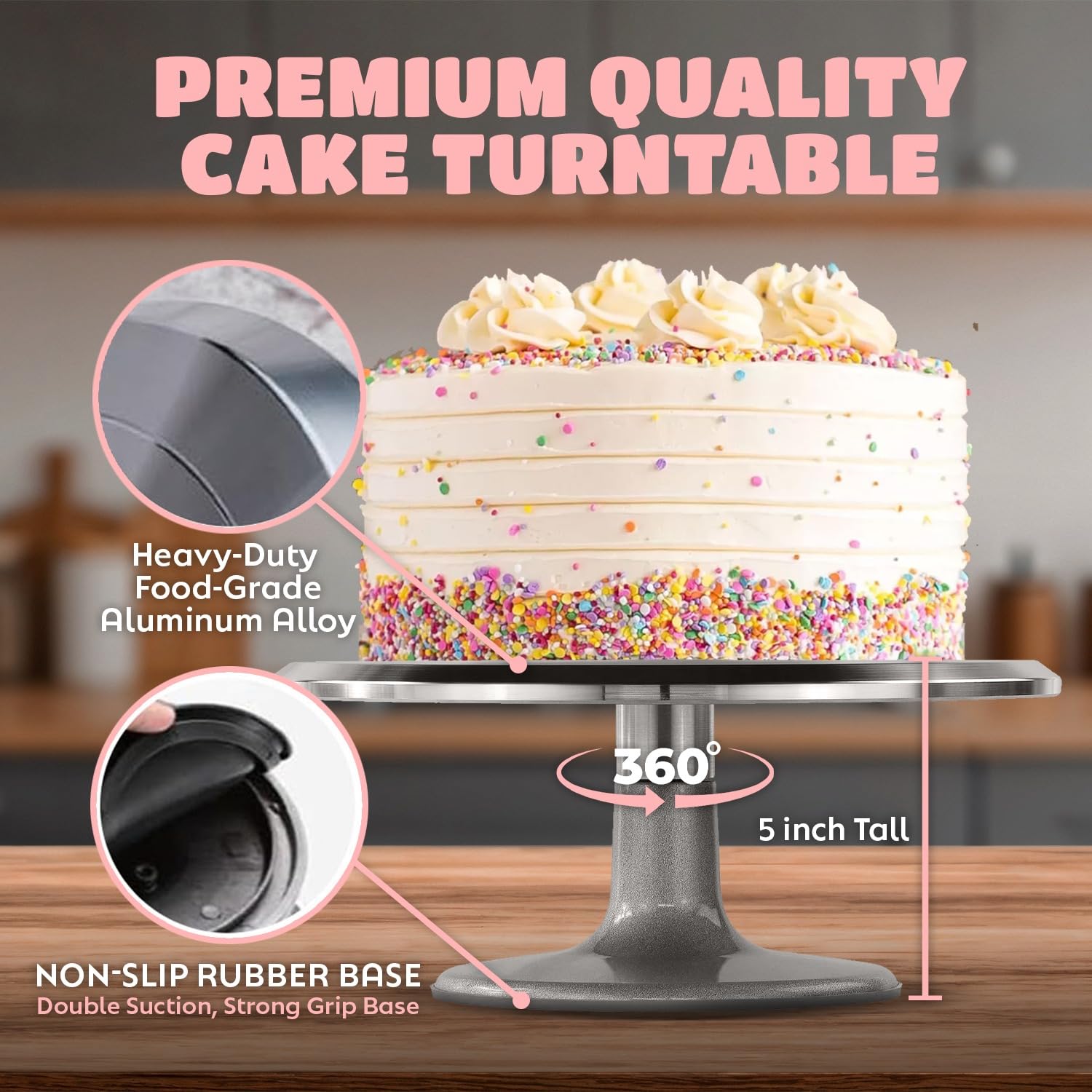 O’CREME turntable non-slip base keeps cakes securely in place.