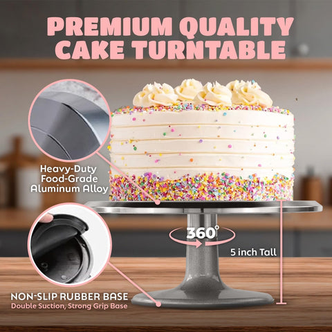 O’CREME turntable non-slip base keeps cakes securely in place.