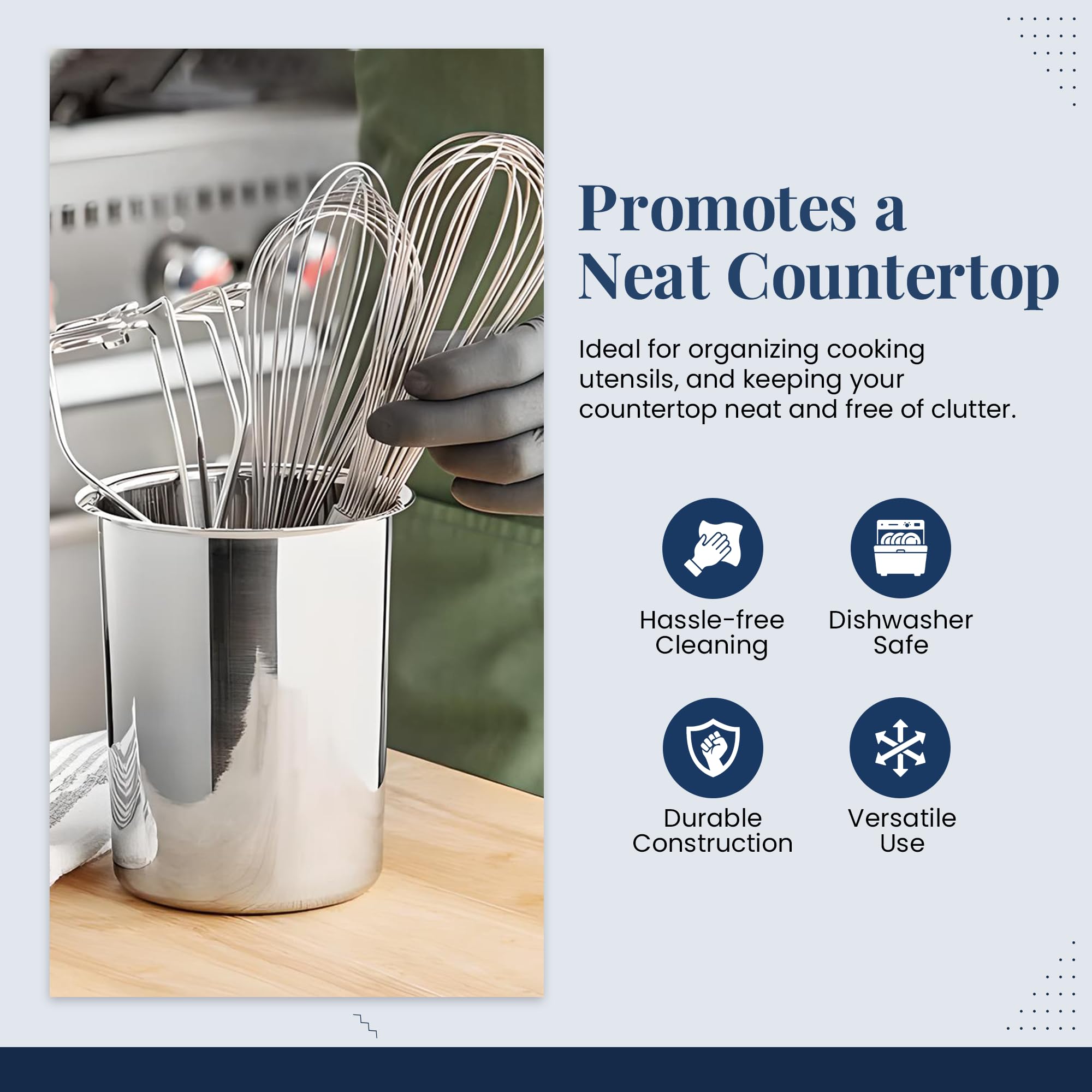 OCS Parts wide-mouth open-top holds many utensils.