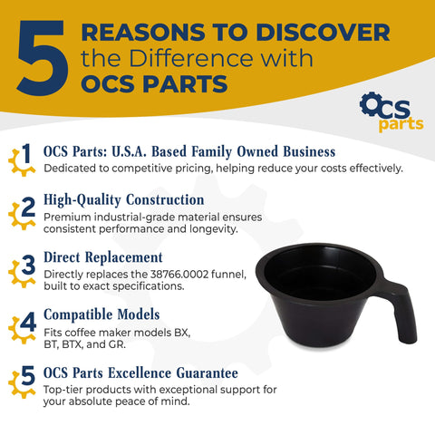 OCS Parts Brew Funnel Basket for Bunn dimensions highlight top and bottom sizes