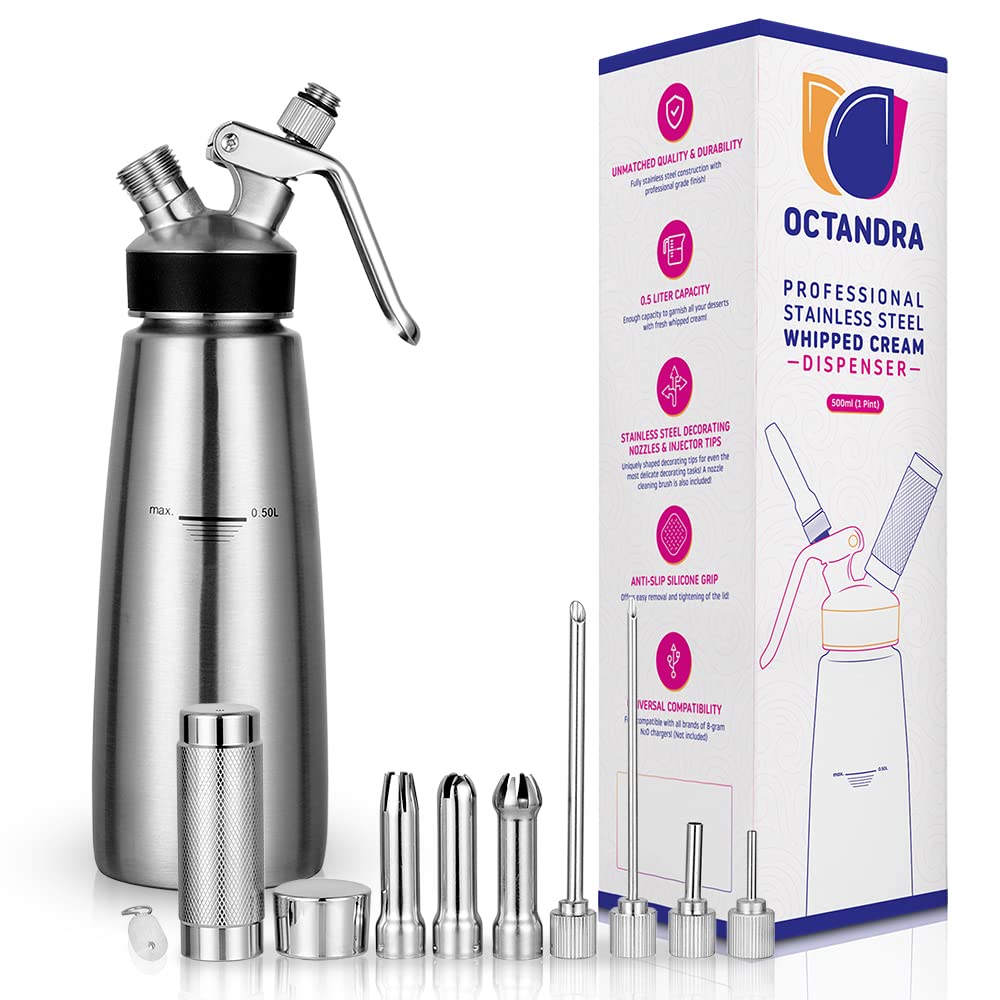 OCTANDRA whipped cream dispenser with 500ml capacity for generous toppings.