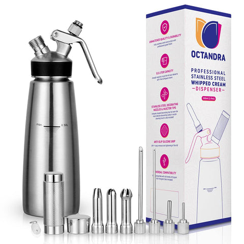 OCTANDRA whipped cream dispenser with 500ml capacity for generous toppings.