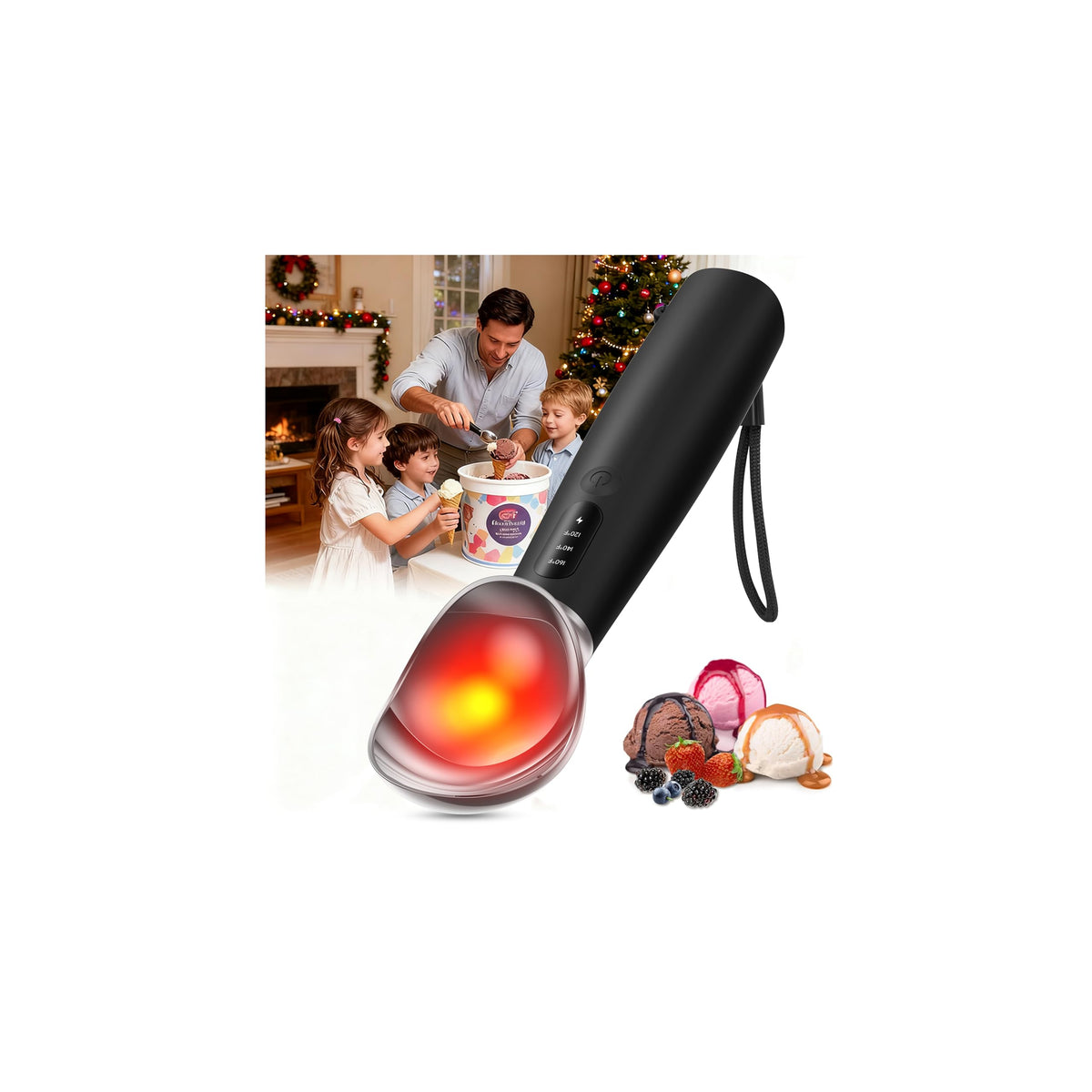 OddPaddle heated scoop in action melts hard ice cream for smooth servings.