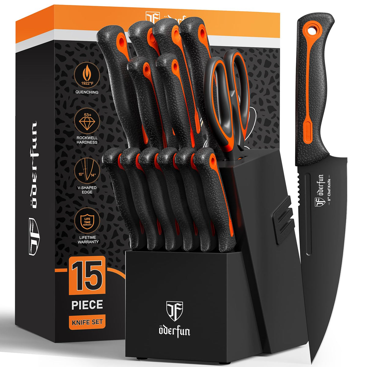 Oderfun knife block set top view with 15-piece collection for daily cooking